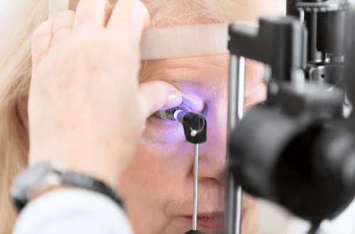 decorative image of a senior female having an eye exam to represent the link between Microvascular Capillary Abnormalities and Primary Open-Angle Glaucoma