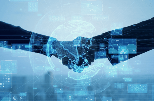 Two CROs shaking hands in front of a digital background.